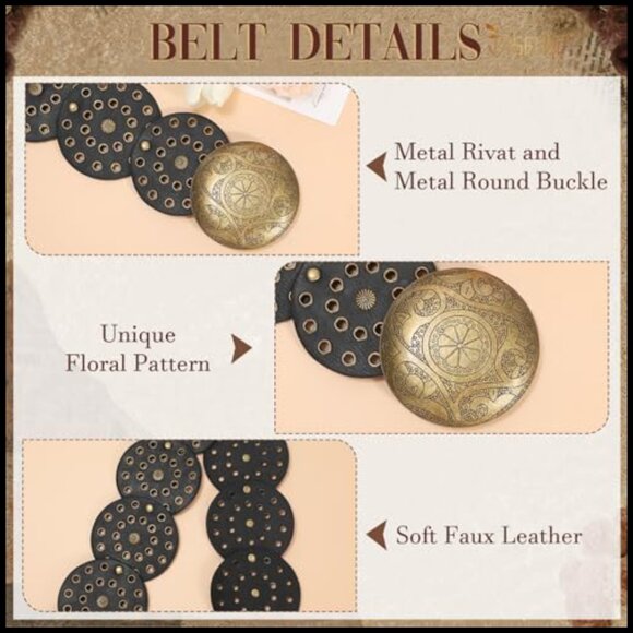 Western Disc Leather Belt Wide Hollow Design Adjustable Boho Retro Cowgirl Style main image 4
